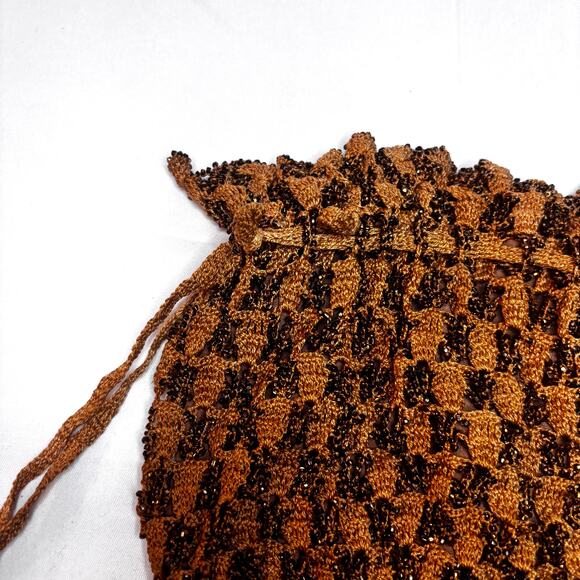 Antique 1920s Crochet Drawstring Purse Metal Seed Beads Copper Brown Silk AS IS - Picture 5 of 13